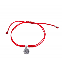 PULSERA PLATA DE LEY 925 CHAPA REDONDA 12 MILÍMETROS CON TETRAGRAMMATON CON HILO ROJO CIERRE NUDO CORREDIZO AJUSTABLE