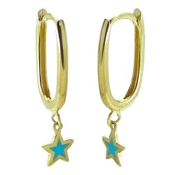 PENDIENTES MUJER ORO AMARILLO 18 KILATES ARO OVALADO 12 MILÍMETROS CON COLGANTE ESTRELLA ESMALTADO AZUL
