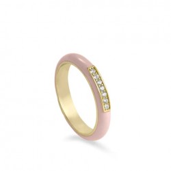 ANILLO LINEARGENT PLATA DE LEY 925 CHAPADO DORADO ESMALTADO ROSA CHICLE CON DETALLE DORADO CON CIRCONITAS BLANCAS