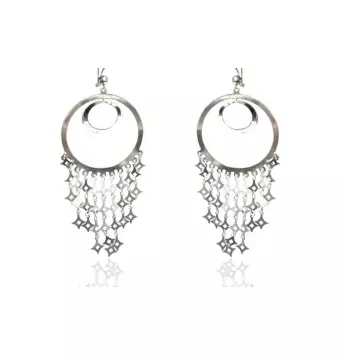 PENDIENTES PLATA DE LEY 925 11X4.5 CENTÍMETROS DOBLE CIRCULO CON ROMBOS