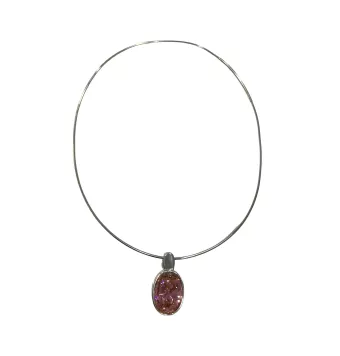 COLLAR PLATA DE LEY 925 CADENA RIGIDA COLGANTE OVALO CON PIEDRA ROSA 3 CENTÍMETROS
