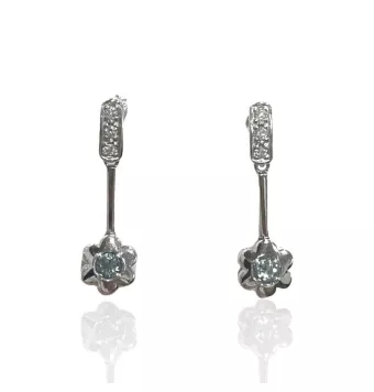 PENDIENTES PLATA DE LEY 925 FORMA DE FLOR CON PIEDRA AZUL 34X10 MILÍMETROS