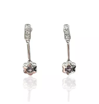 PENDIENTES PLATA DE LEY 925 FORMA DE FLOR CON PIEDRA LILA 34X10 MILÍMETROS