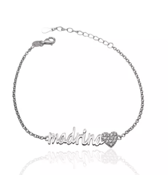 PULSERA MUJER PLATA DE LEY 925 MADRINA CON CORAZÓN CIRCONITAS BLANCAS 7X26 MILÍMETROS LARGO AJUSTABLE 17-20 CENTÍMETROS CIERRE M