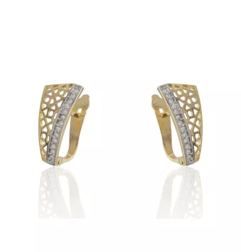 PENDIENTES MUJER ORO BICOLOR 18 KILATES FORMA DESIGUAL 8X15 MILÍMETROS CALADO Y BARRA CIRCONITAS BLANCAS CIERRE CATALÁN