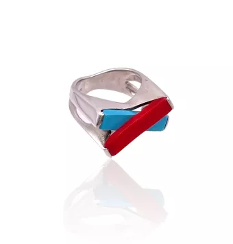 ANILLO MUJER PLATA DE LEY 925 CRUZADO CON DOBLE BARRA AZUL Y ROJO 21X11 MILÍMETROS