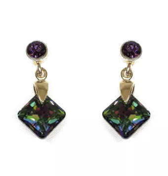PENDIENTES PLATA CHAPADA DORADO CRISTAL DE SWAROVSKI REDONDO AMATISTA Y COLGANTE CUADRADO VULCANO CIERRE PRESION
