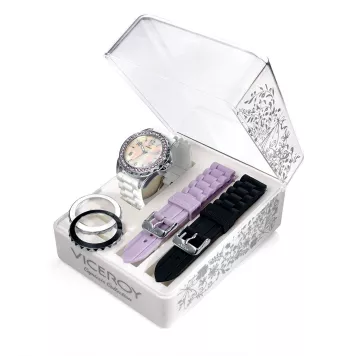 Set Reloj Viceroy mujer pack tres correas silicona blanca violeta y negra caja acero con bisel intercambiable esfera blanca