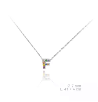 GARGANTILLA PLATA DE LEY 925 LETRA F 7X7 MILÍMETROS CON CIRCONITAS MULTICOLOR LARGO AJUSTABLE 42-46 CENTIMETROS