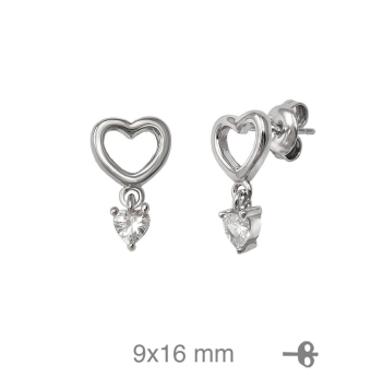 PENDIENTES MUJER PLATA DE LEY 925 CORAZÓN 9X16 MILÍMETROS Y PIEDRA CON FORMA DE CORAZÓN COLGANTE 4 MILÍMETROS CIERRE PRESIÓN 0