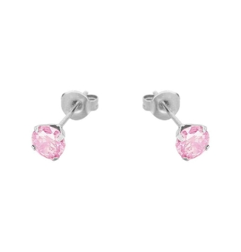 PENDIENTES ACERO LESTOR PIEDRA REDONDA CIRCONITA ROSA 5 MILÍMETROS CON GARRAS CIERRE PRESIÓN
