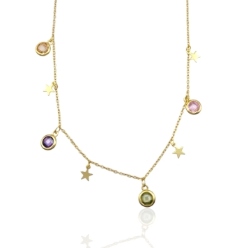 GARGANTILLA MUJER PLATA DE LEY 925 CHAPADO DORADO ESLABÓN FORZADO 4 ESTRELLAS COLGANTES Y CUATRO CIRCONITAS REDONDAS ROSA/VERDE/