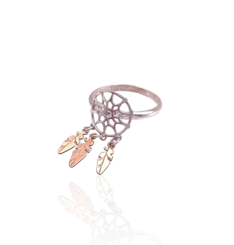 ANILLO PLATA DE LEY 925 ATRAPASUEÑOS CON 3 PLUMAS CHAPADO ROSA DIÁMETRO 13 MILÍMETROS