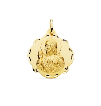 COLGANTE MEDALLA SAGRADO CORAZÓN DE JESÚS ORO AMARILLO 18 KILATES 20X20 MILÍMETROS TALLADO HOJAS BRILLO Y MATE