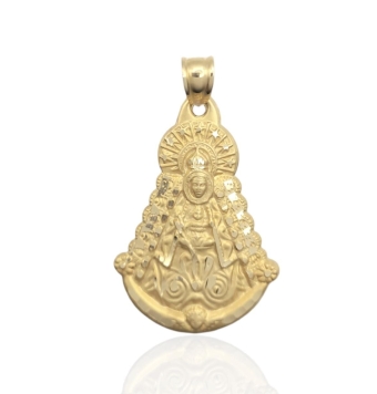 COLGANTE VIRGEN DEL ROCÍO ORO AMARILLO 18 KILATES ACABADO MATE Y BRILLO 24X32 MILÍMETROS