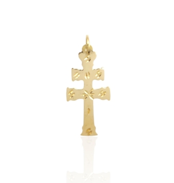 COLGANTE CRUZ DE CARAVACA ORO AMARILLO 18 KILATES LISA SIN CRISTO TALLADA 14X28 MILÍMETROS