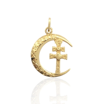 COLGANTE CRUZ DE CARAVACA Y LUNA ORO AMARILLO 18 KILATES TALLADA 20X22 MILÍMETROS