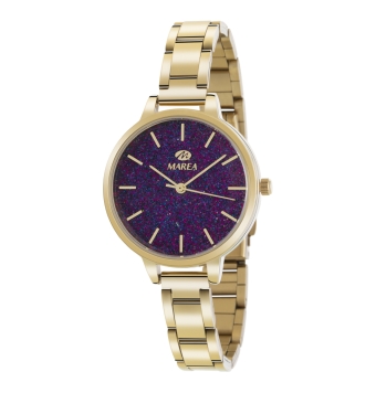 Reloj Marea mujer cadena acero pavonada dorado caja metal esfera morada purpurina