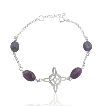 PULSERA PLATA DE LEY 925 NUDO DE LA BRUJA 24X24 MILÍMETROS PIEDRAS COLOR MORADO OVALADAS CADENA ROLÓ LARGO AJUSTABLE 19.5-21.5 C