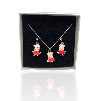 JUEGO PENDIENTES Y COLGANTE NIÑA CERDITA PLATA DE LEY 925 COLGANTE CERDITA 20X9 MILÍMETROS ESMALTE ROJO Y ROSA CADENA 42 CENTÍME