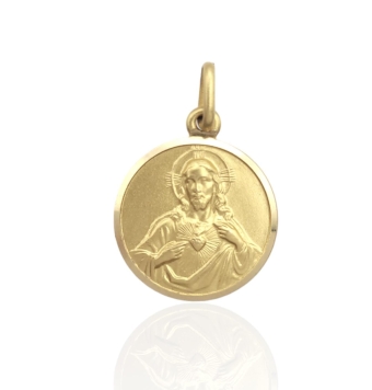 COLGANTE MEDALLA ESCAPULARIO ORO AMARILLO 18 KILATES DOBLE CARA SAGRADO CORAZÓN DE JESÚS Y VIRGEN DEL CARMEN 16 MILÍMETROS
