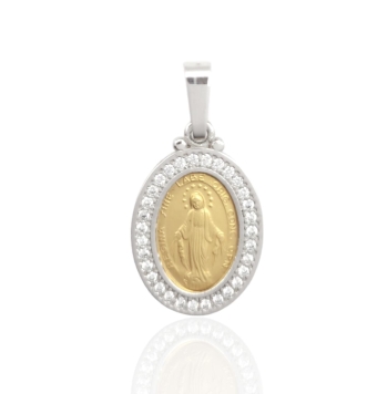 MEDALLA VIRGEN DE LA MILAGROSA ORO BICOLOR 18 KILATES OVALADA 17X22 MILÍMETROS CERCO ORO BLANCO CIRCONITAS BLANCAS