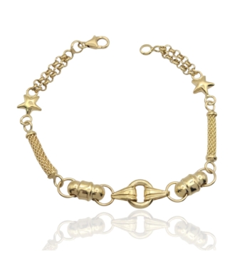 PULSERA MUJER ORO AMARILLO 18 KILATES ESLABONES ROLÓ DOS ESTRELLAS Y REJILLA LARGO 19 CENTÍMETROS