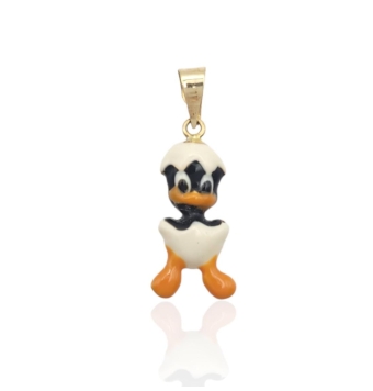 COLGANTE CALIMERO ORO AMARILLO 18 KILATES POLLO 7X17 MILÍMETROS ESMALTE BLANCO NEGRO Y NARANJA