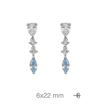 PENDIENTES LARGOS MUJER PLATA DE LEY 925 PIEDRA FORMA DE LÁGRIMA BLANCA DOS CIRCONITAS BLANCAS Y PIEDRA AZUL 6X22 MILÍMETROS CIE