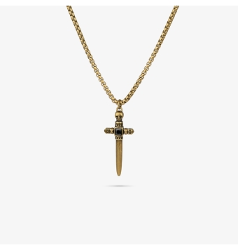 COLLAR RADIANT HOMBRE ACERO IP DORADO PIRATE ESPADA CALAVERA CIRCONITA NEGRA LARGO 60 CENTÍMETROS