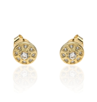 PENDIENTES PLACARI PLATA DE LEY 925 CHAPADO DORADO REDONDO 7 MILÍMETROS CIRCONITA BLANCA EN EL CENTRO Y CIRCONITAS CORAZÓN CIERR