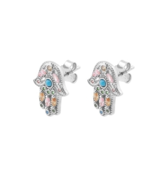 PENDIENTES MUJER PLATA DE LEY 925 MANO DE FATIMA CON CIRCONITAS DE COLORES CIERRE PRESIÓN