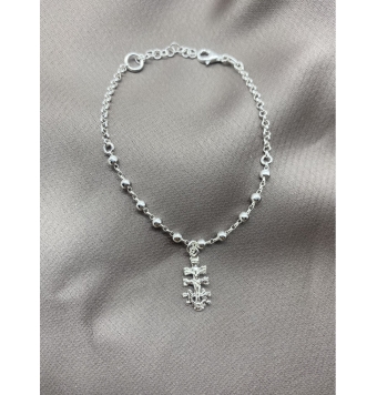 PULSERA MUJER PLATA DE LEY 925 CADENA ROLO CON BOLITAS Y CRUZ DE CARAVACA COLGANTE 14X9 MILÍMETROS LARGO DE LA CADENA 16+3 CENTÍ
