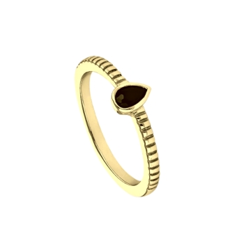 ANILLO MUJER PLATA DE LEY 925 CHAPADO DORADO CUERPO TALLADO Y PIEDRA CON FORMA DE GOTA NEGRA 6X4 MILÍMETROS