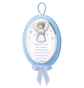 MEDALLÓN PLATA BILAMINADA 8.5X12 CENTÍMETROS MUSICAL AZUL FRASE ÁNGEL DE LA GUARDA