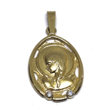 MEDALLA VIRGEN COMUNIÓN NIÑA ORO AMARILLO 18 KILATES OVALADA 2 CIRCONITAS 16X21 MILÍMETROS