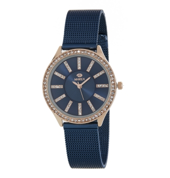 RELOJ MAREA MUJER CAJA METAL CHAPADO COBRE 34 MILIMETROS ESFERA AZUL MARINO CON DETALLES COBRES Y CIRCONITAS CORREA ACERO MALLA