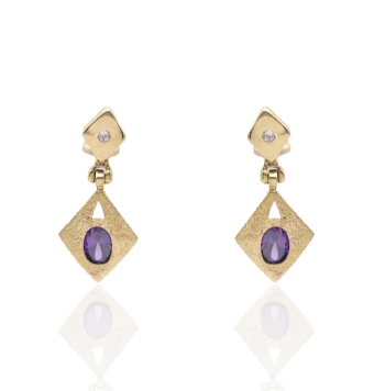 PENDIENTES LARGOS MUJER PLATA DE LEY 925 CHAPADO DORADO CRISTAL SWAROVSKI OVALADA LILA FORMA ROMBO SATINADO Y BRILLO LARGO 30 MI