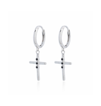 PENDIENTES ARO PLATA DE LEY 925 BAÑO DE RODIO DIÁMETRO 12 MILÍMETROS CON CRUZ 9X15 MILÍMETROS CIRCONITAS COLOR NEGRO