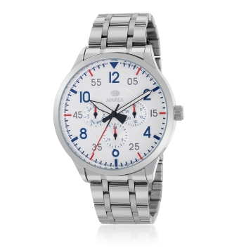 RELOJ MAREA HOMBRE ANALOGICO CRONOGRAFO CADENA ACERO CAJA METAL NICKEL FREE 44 MILÍMETROS ESFERA BLANCA DETALLES ROJOS Y AZULES