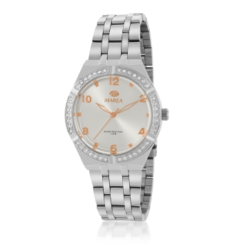 RELOJ MAREA MUJER ANALOGICO CADENA ACERO CAJA METAL NICKEL FREE 36 MILÍMETROS BISEL CON CIRCONITAS ESFERA PLATEADA DETALLES BRON