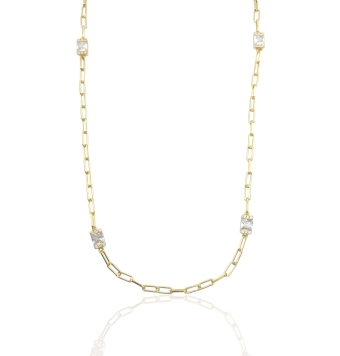 GARGANTILLA MUJER PLATA DE LEY 925 CHAPADO DORADO CADENA CHOKER CON CUATRO PIEDRAS RECTANGULARES BLANCAS 3X5 MILÍMETROS LARGO AJ