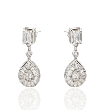 PENDIENTES LARGOS MUJER PLATA DE LEY 925 FORMA RECTANGULAR Y LÁGRIMA CON CIRCONITAS BLANCAS RECTANGULARES Y 1 REDONDA LARGO 28 M