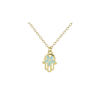 GARGANTILLA MUJER PLATA DE LEY 925 CHAPADO DORADO CADENA ROLO CON COLGANTE MANO DE FATIMA Y FLOR TURQUESA 12X8 MILÍMETROS LARGO