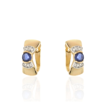 PENDIENTES MUJER ORO AMARILLO 18 KILATES FORMA LAZO CIRCONITAS BLANCAS Y PIEDRA AZUL EN EL CENTRO CIERRE CATALÁN