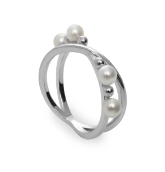 ANILLO LINEARGENT MUJER 19333-R PLATA DE LEY 925 RODIO DOBLE RAÍL CRUZADO CUATRO PERLAS CULTIVADAS BLANCAS Y CUATRO BOLAS DE PLA
