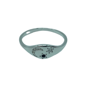 ANILLO MUJER PLATA DE LEY 925 RODIADO CUERPO ESTILO SELLO CON LUNAS Y ESTRELLAS Y CIRCONITAS