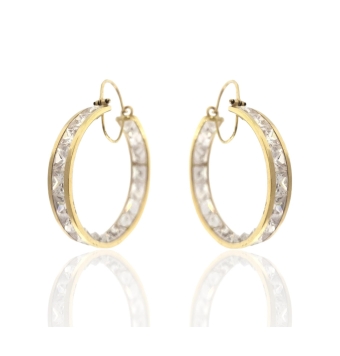 PENDIENTES MUJER ORO AMARILLO 18 KILATES ARO 6X35 MILÍMETROS PIEDRAS CUADRADAS BLANCAS