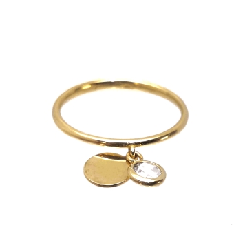 ANILLO ORO AMARILLO TUBO REDONDO CON 2 COLGANTES 1 FORMA REDONDA Y 1 CIRCONITA BRILLO