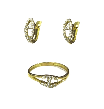 JUEGO COMUNIÓN PENDIENTES Y ANILLO OVALOS TRAVESAÑO CIRCONITAS ORO AMARILLO